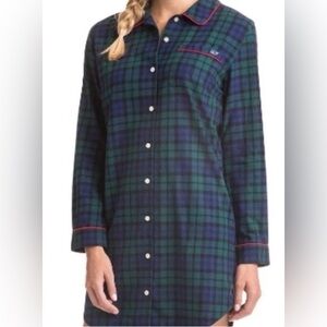 Vineyard Vines Womens Nightgown Flannel Button Shirt Blue Green‎ Plaid Size XS